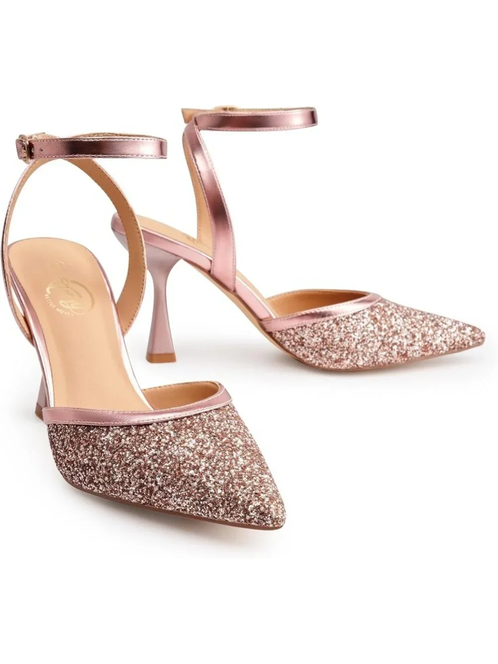 Women's Rose Gold Slingback Pointed Toe Stiletto Heels Ankle Strap Dress Shoes